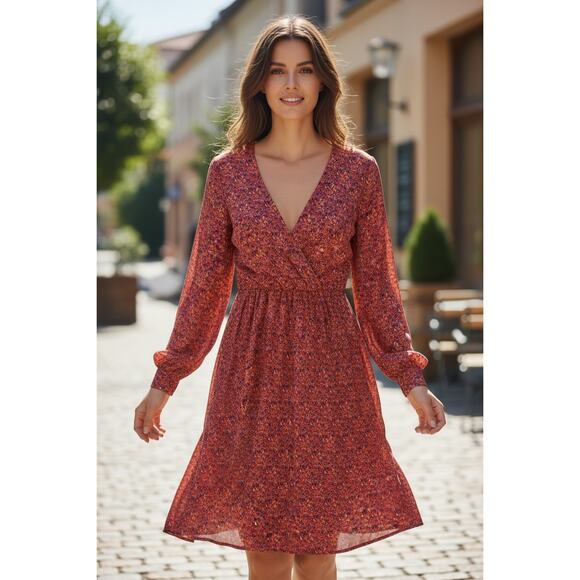 ASOS Dresses & Skirts - ASOS Floral Long Sleeve Midi Dress Red Orange Boho Size US 16